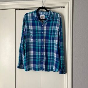 Womens SO Perfect Shirt Relaxed Fit Plaid Long‎ Sleeve Blue Turquoise XL